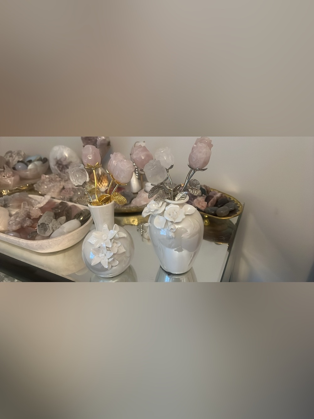 Creme Ceramic Rose Bud Vases with rose quartz/clear quartz Accent Flower Stems